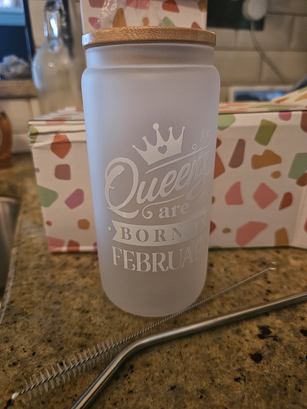 "Queens are Born in February" Frosted Glass Tumbler with Bamboo Lid New
